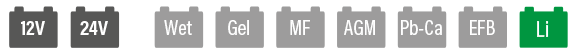 WET-, GEL-, AGM-, MF-, PbCa-, EFB- und Lithium (Li)-Batterien